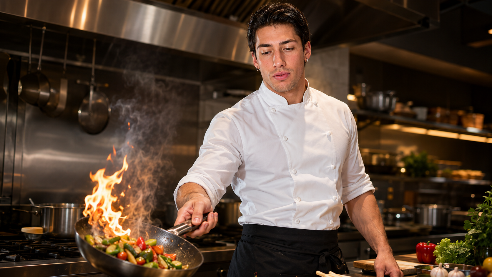 Alessandro cooking with a flaming pan in a professional kitchen