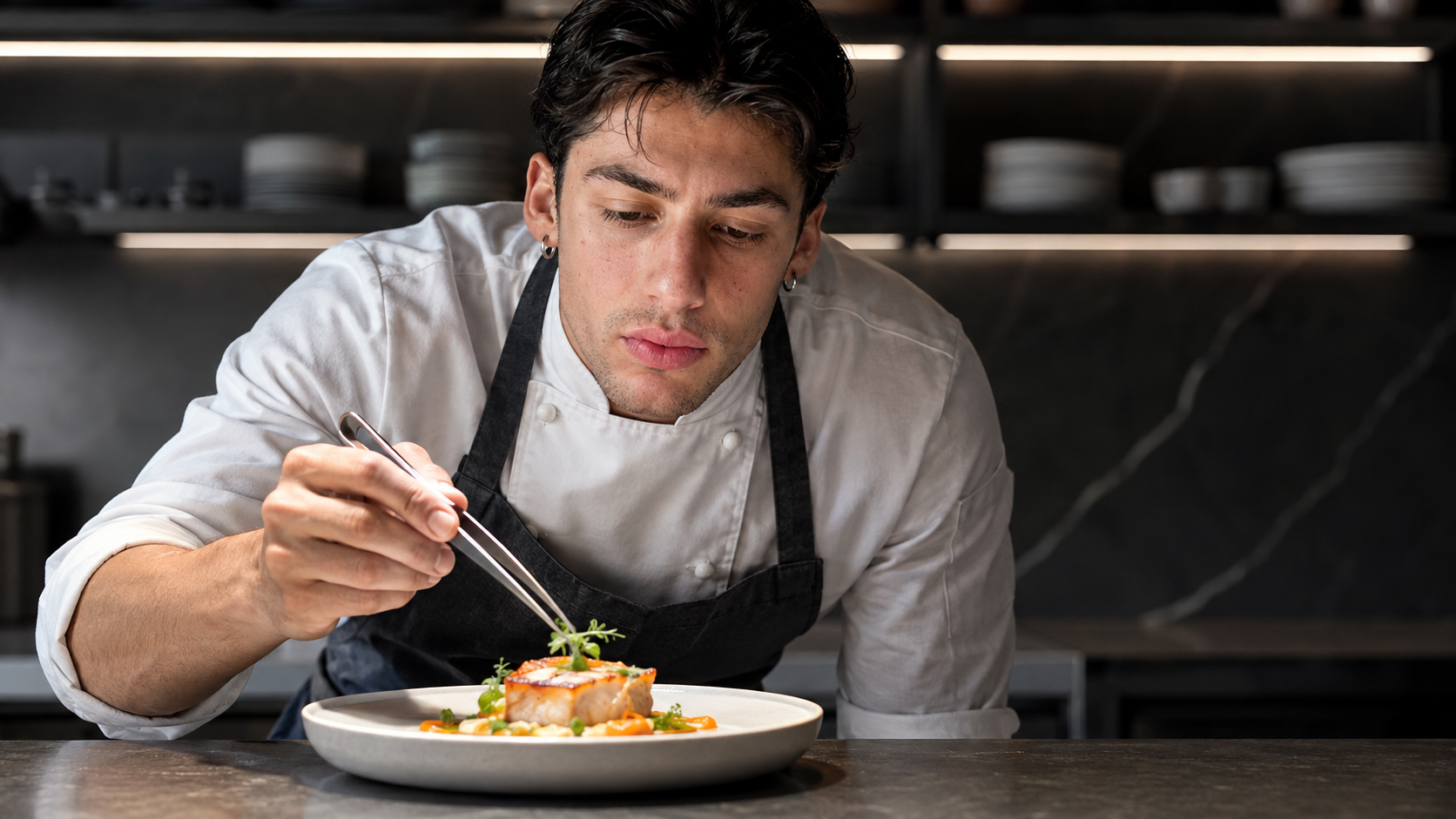 Alessandro plating a dish with tweezers, teaching close-up technique
