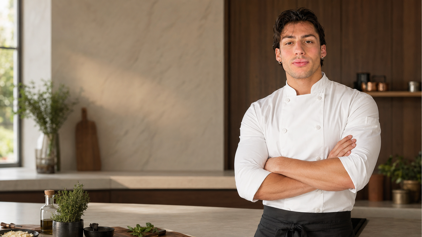 Alessandro standing with arms crossed in a bright modern kitchen